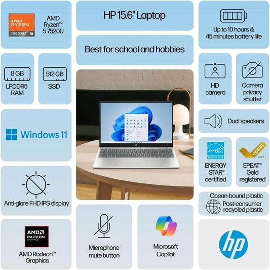 HP 15-FC0023nq Laptop - AMD Ryzen 5 7520U, 8GB RAM, 512GB SSD, 15.6" FHD
